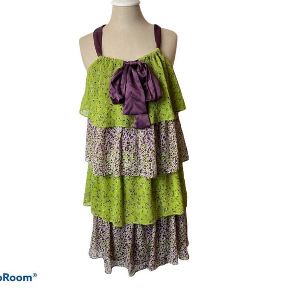 Allen B Green Purple Green Tiered Ruffle Skirt Ribbon Strap Boho Dress Size 4 - Picture 1 of 6